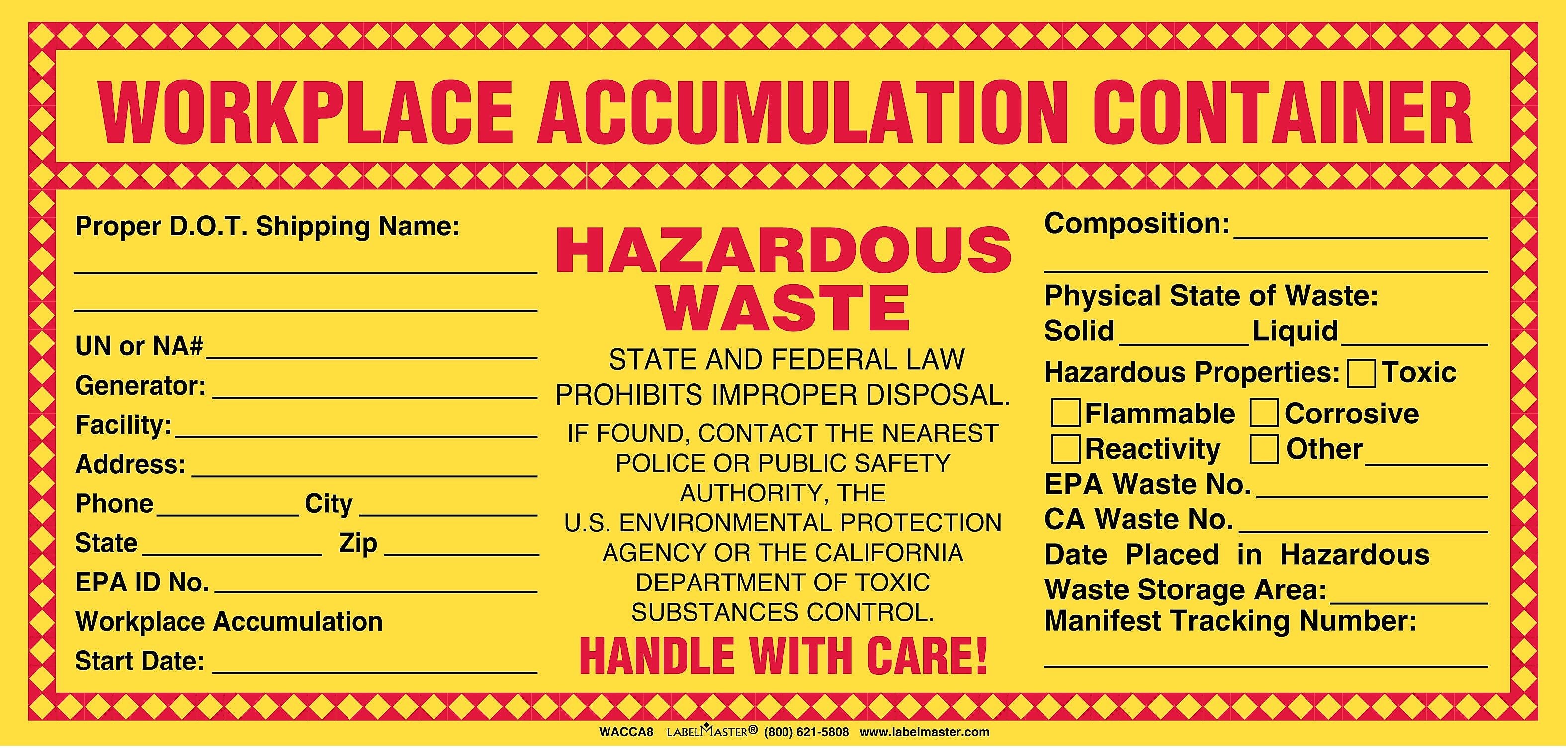 Labelmaster® California Waste Label, Accum Hazardous Waste 2-in-1 Stock PVCF, 5" x 10.5", 100/Pack (WACCA8)