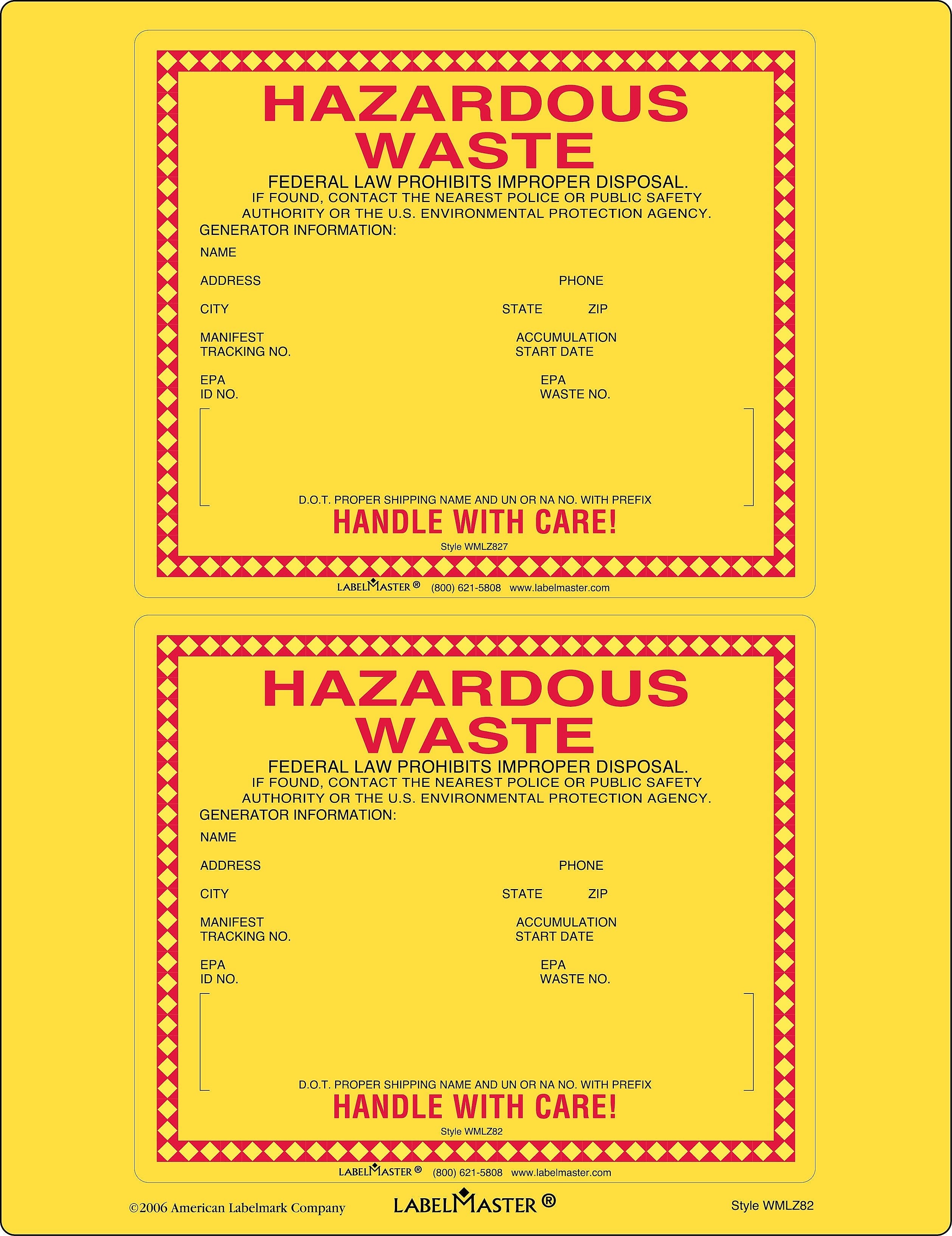 Labelmaster® Standard Waste Label, Laser Vinyl, 6" x 6", 25/Pack (WMLZ82)