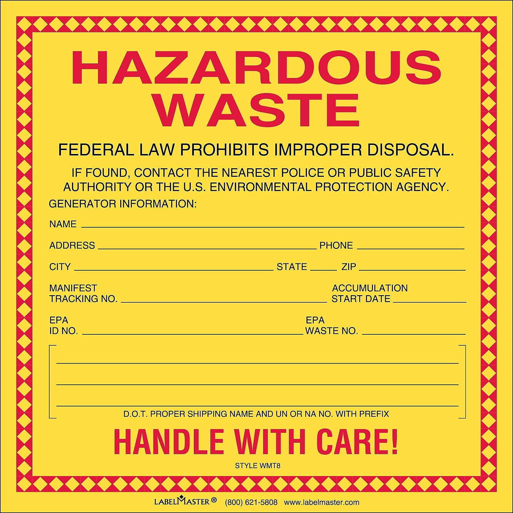Labelmaster® Standard Waste Label, Thermal PVC-Free Film, 6" x 6", 100/Roll (WMT8)