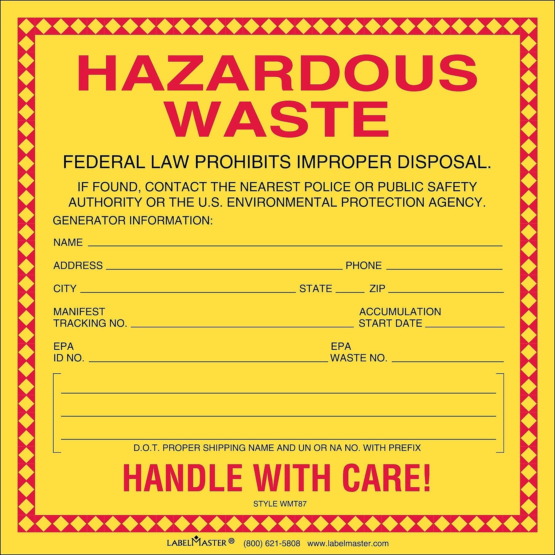 Labelmaster® Standard Waste Label, Thermal Paper, 6" x 6",, 100/Roll (WMT87)