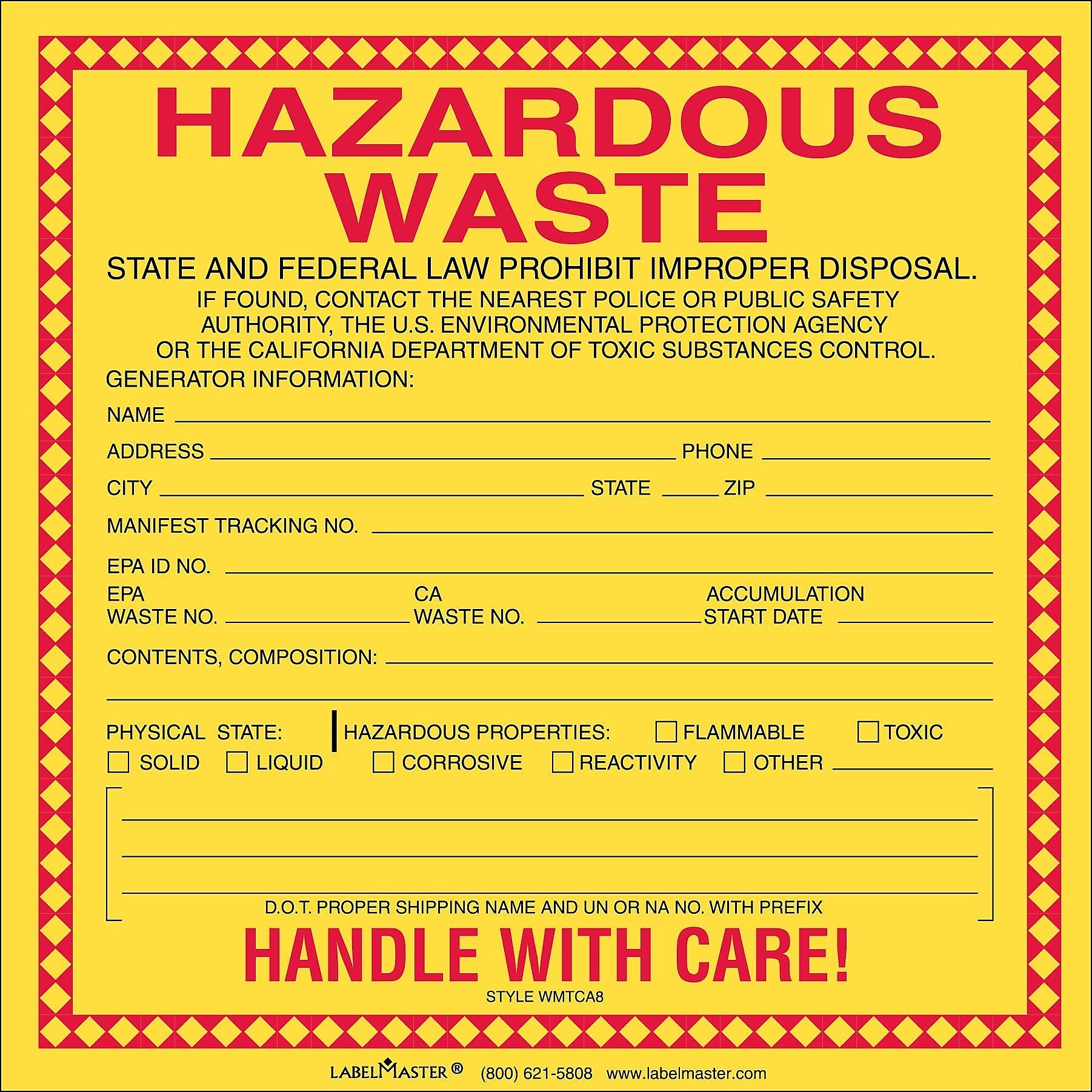 Labelmaster® California Waste Label, Thermal PVC-Free Film, 6" x 6", 100/Roll (WMTCA8)