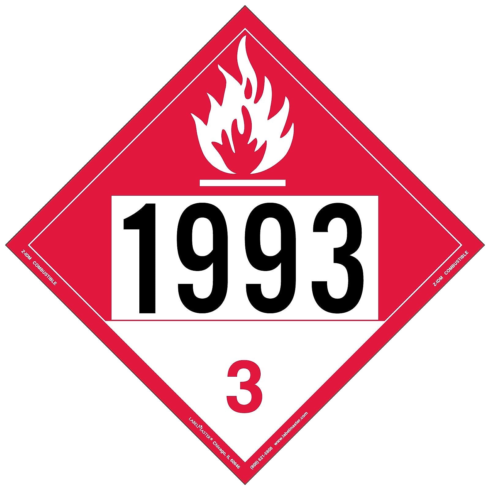 Labelmaster® Combustible Liquid Placard, UN 1993, Permanent Vinyl, 273mm x 273mm, 25/Pack (Z-IDM)