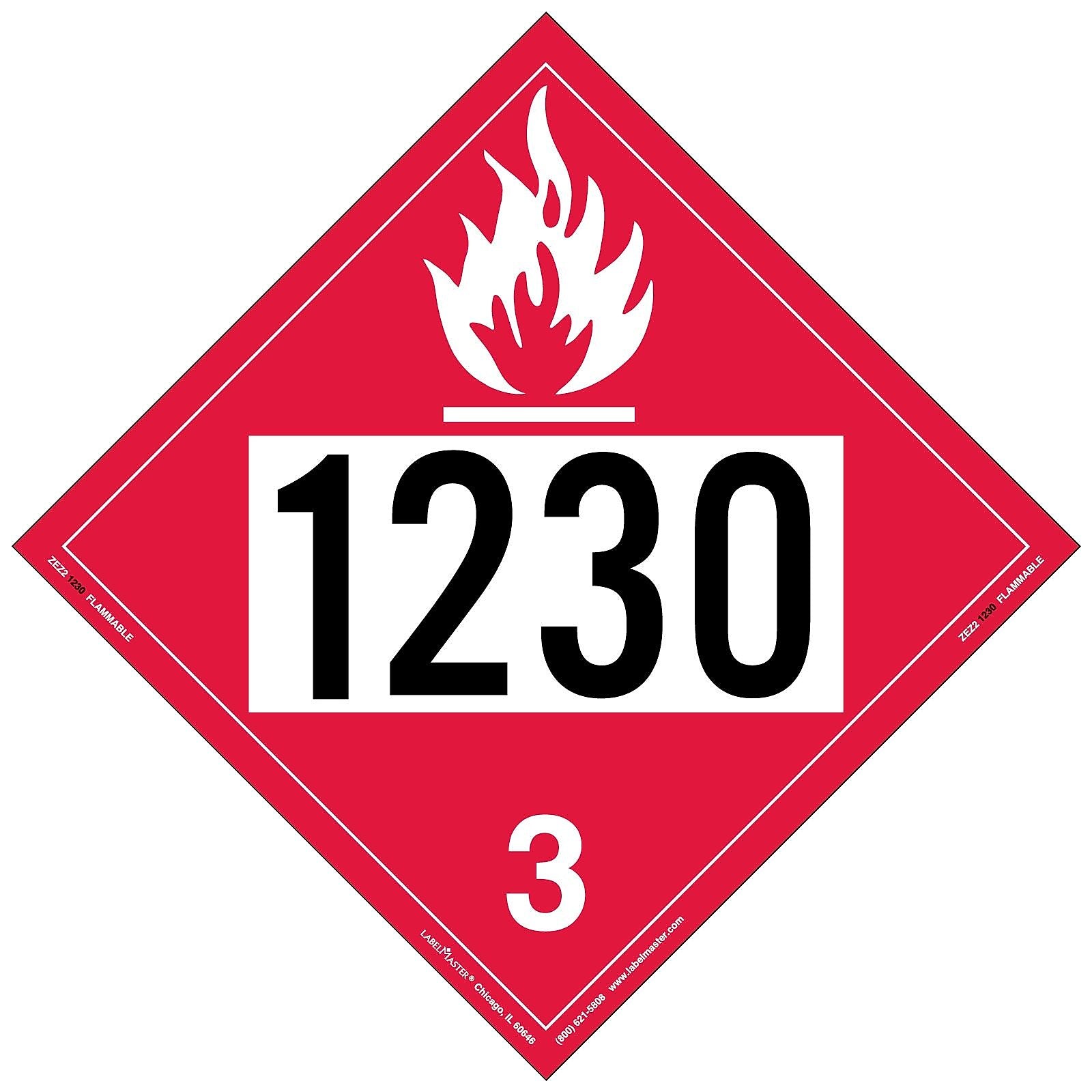 Labelmaster® Flammable Liquid Placard, UN 1230, E-Z Removable Vinyl, 273mm x 273mm, 25/Pack (ZEZ21230)