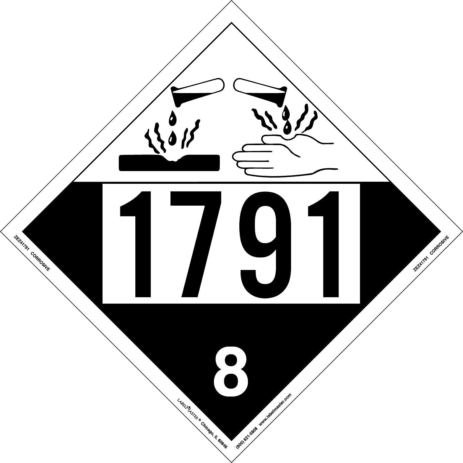 Labelmaster® Corrosive Placard, UN 1791, E-Z Removable Vinyl, 273mm x 273mm, 25/Pack (ZEZ41791)