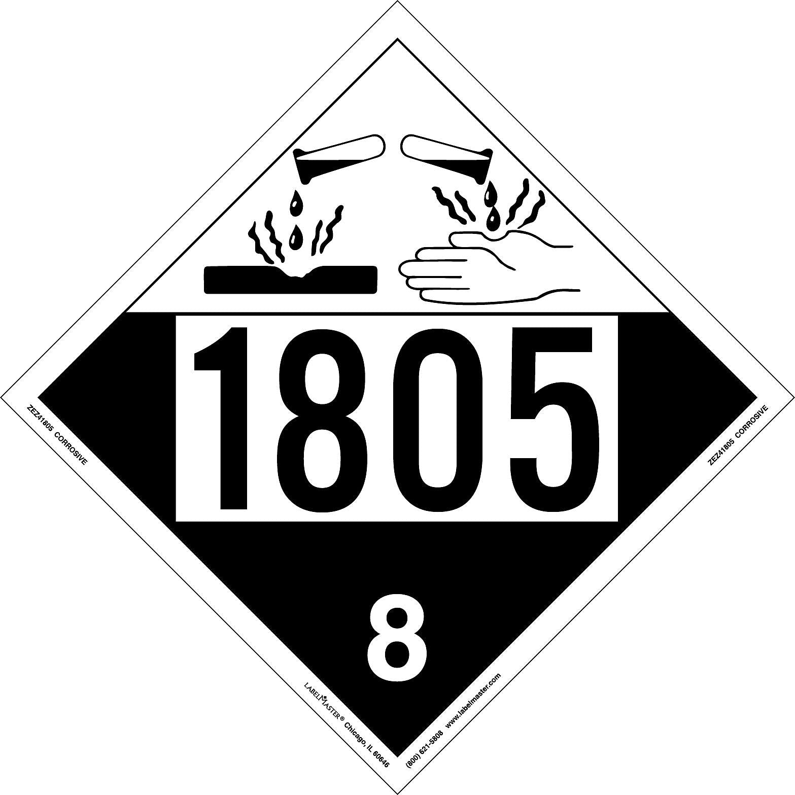 Labelmaster® Corrosive Placard, UN 1805, E-Z Removable Vinyl, 273mm x 273mm, 25/Pack (ZEZ41805)