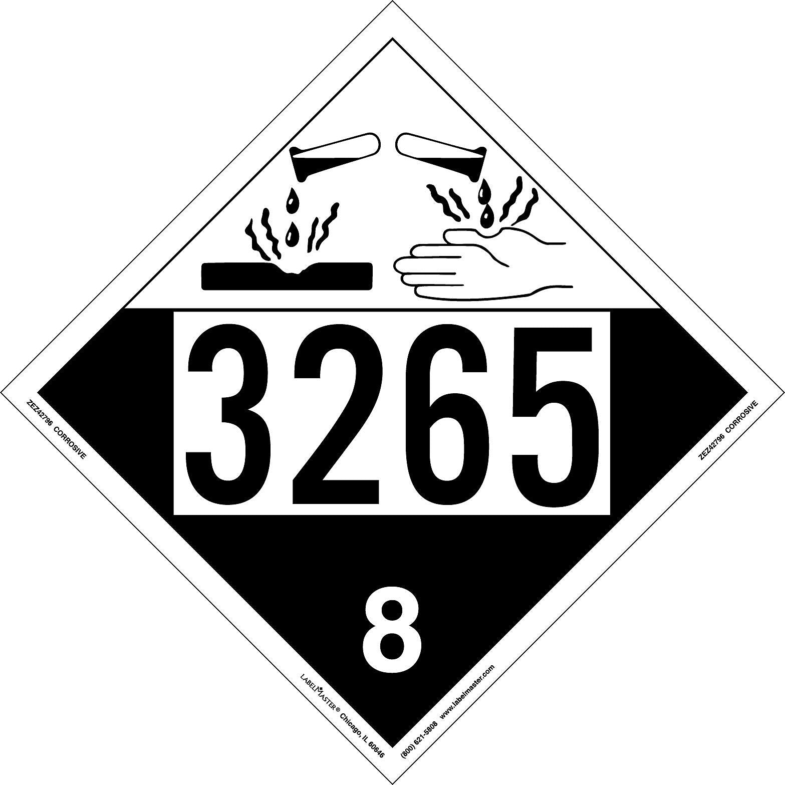 Labelmaster® Corrosive Placard, UN 3265, E-Z Removable Vinyl, 273mm x 273mm, 25/Pack (ZEZ43265)