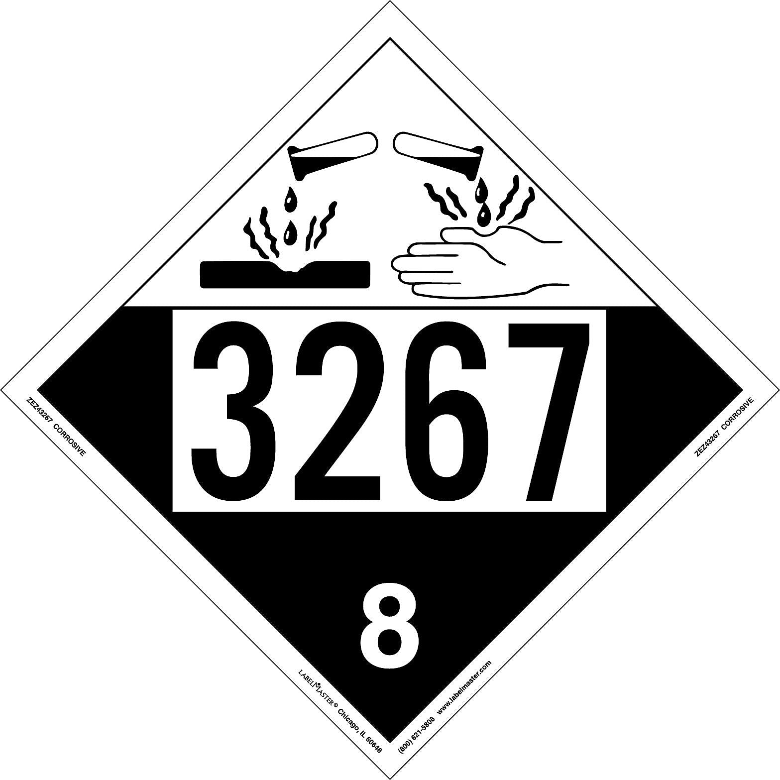 Labelmaster® Corrosive Placard, UN 3267, E-Z Removable Vinyl, 273mm x 273mm, 25/Pack (ZEZ43267)