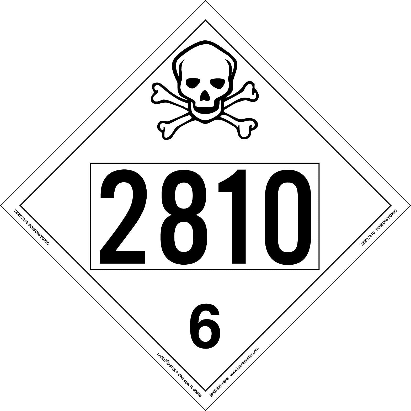 Labelmaster® Toxic/Poison Placard, UN 2810, E-Z Removable Vinyl, 273mm x 273mm, 25/Pack (ZEZ52810)
