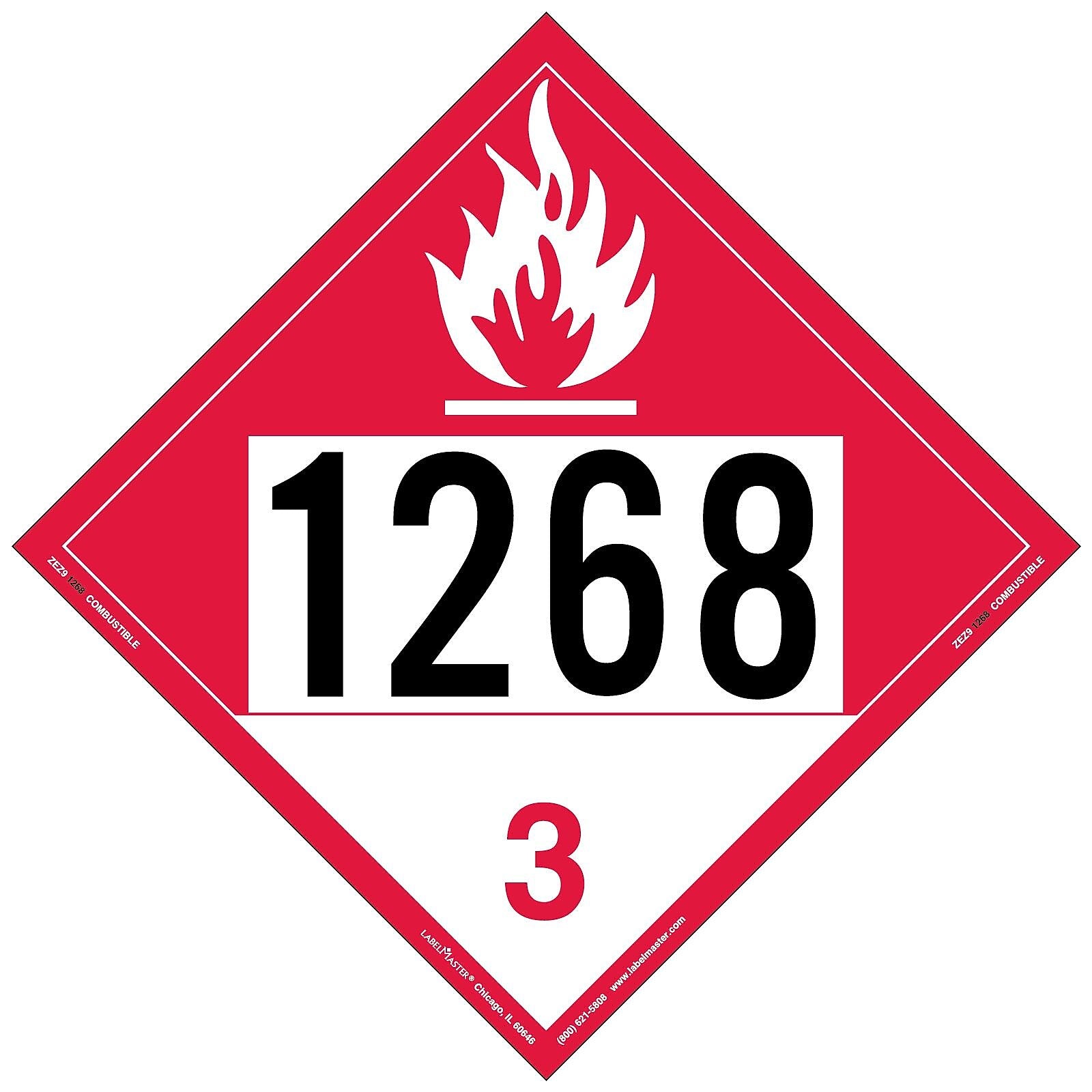 Labelmaster® Combustible Liquid Placard, UN 1268, E-Z Removable Vinyl, 273mm x 273mm, 25/Pack (ZEZ91268)
