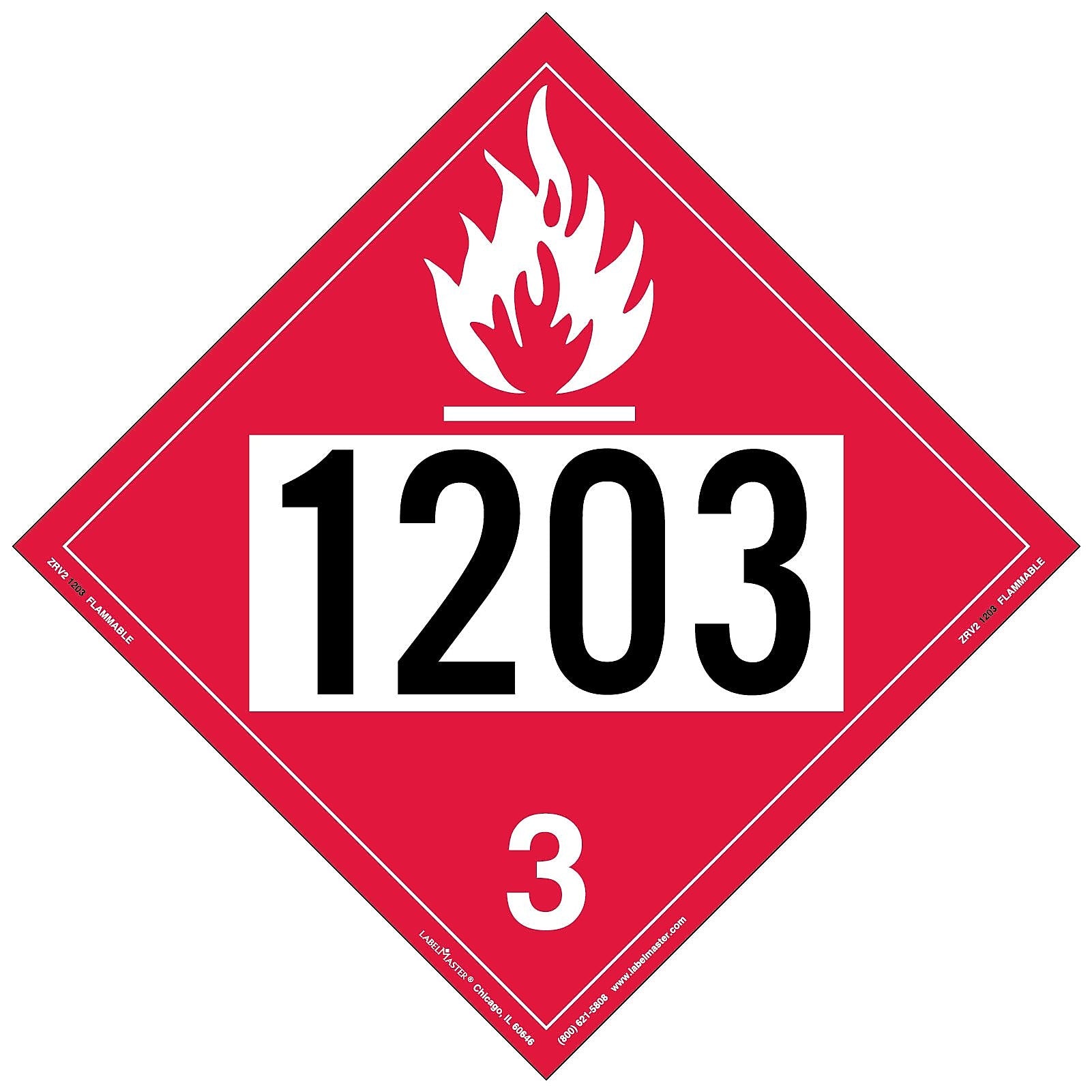 Labelmaster® Flammable Liquid Placard, UN 1203, Rigid Vinyl, 10.75" x 10.75", 25/Pack (ZRV21203)