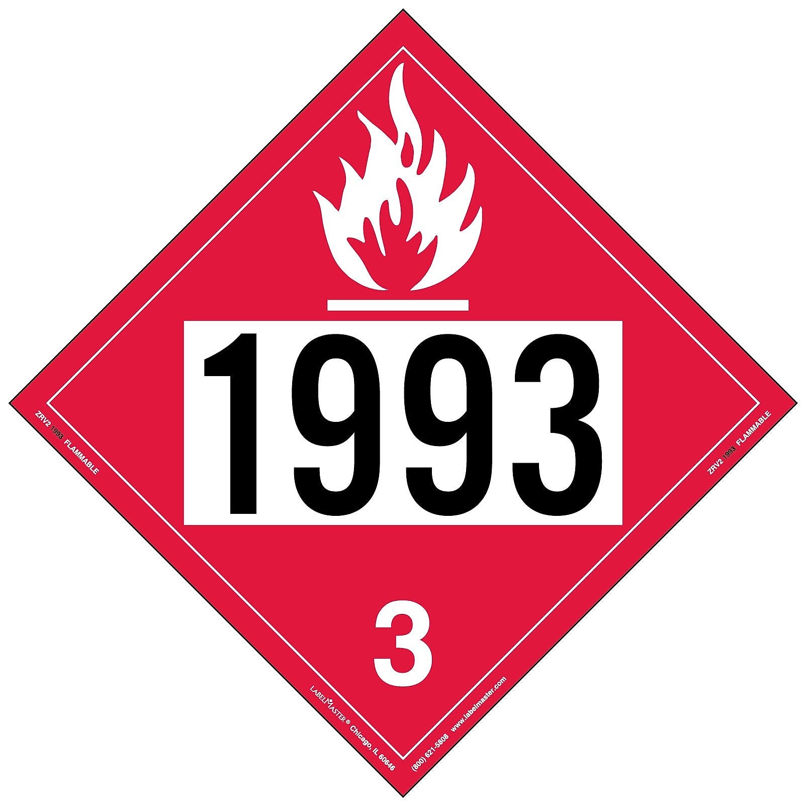 Labelmaster® Flammable Liquid Placard, UN 1993, Rigid Vinyl, 10.75" x 10.75", 25/Pack (ZRV21993)