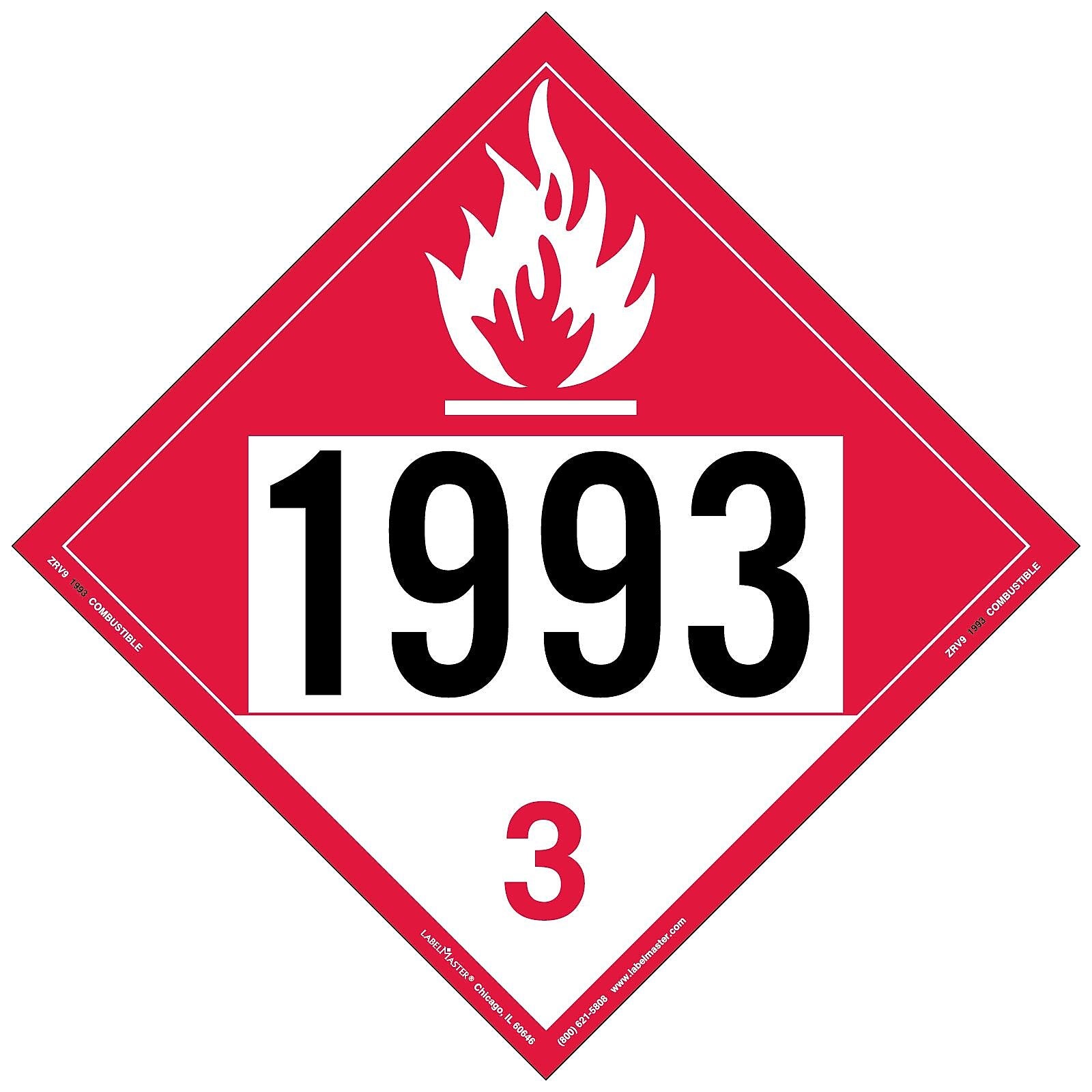 Labelmaster® Combustible Liquid Placard, UN 1993, Rigid Vinyl, 10.75" x 10.75", 25/Pack (ZRV91993)