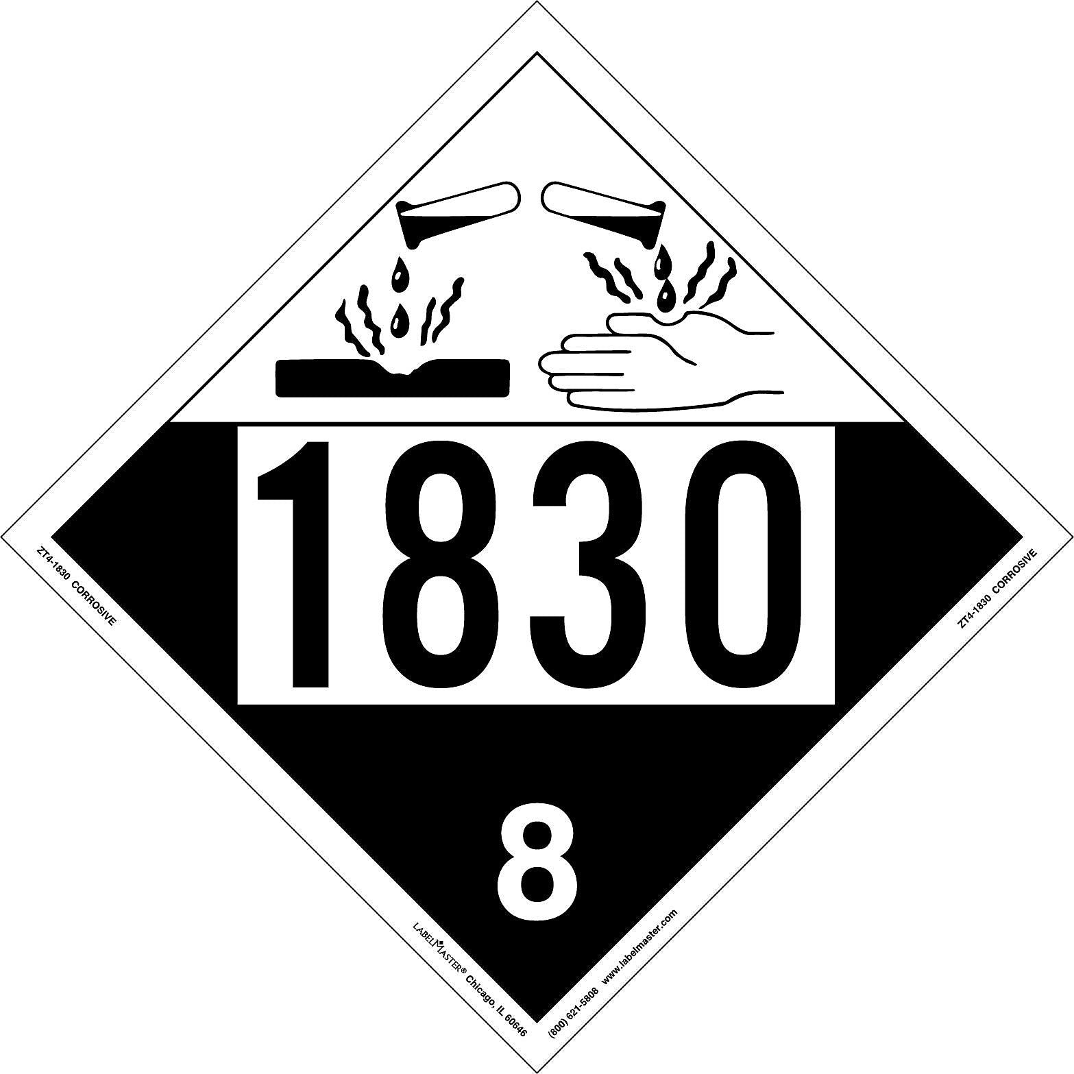 Labelmaster® Corrosive Placard, UN 1830, Tag Board, 10.75" x 10.75", 25/Pack (ZT4-1830)