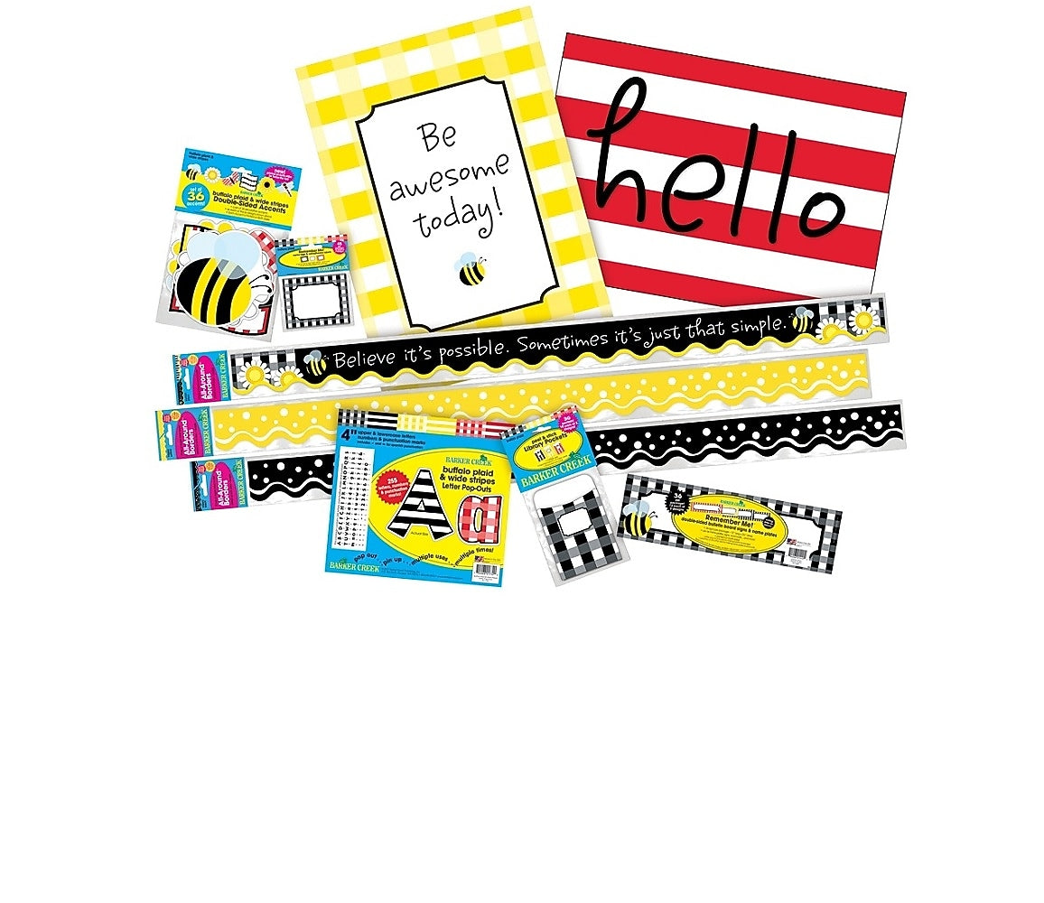 Barker Creek Classroom Decor Set, "Be Awesome" Buffalo Plaid And Wide Stripes, Pre-K To College (BC3725)