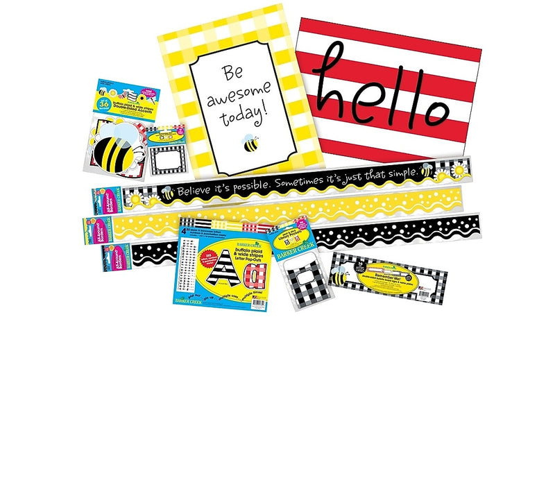 Barker Creek Classroom Decor Set, "Be Awesome" Buffalo Plaid And Wide Stripes, Pre-K To College (BC3725)