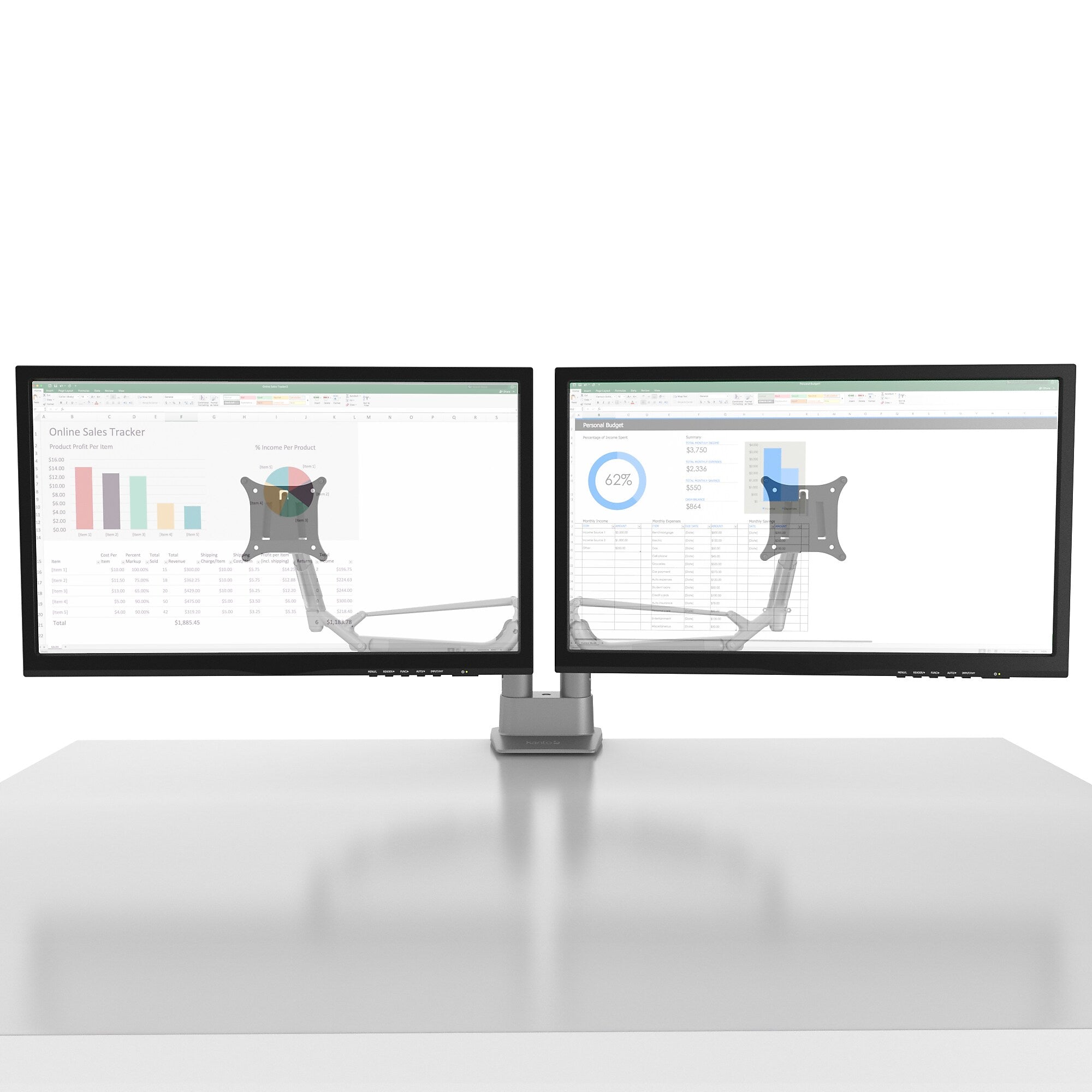 Kanto DMS2000S Adjustable Gas Shock Arm Dual-Monitor Desktop Mount for up to 32" Displays, Silver