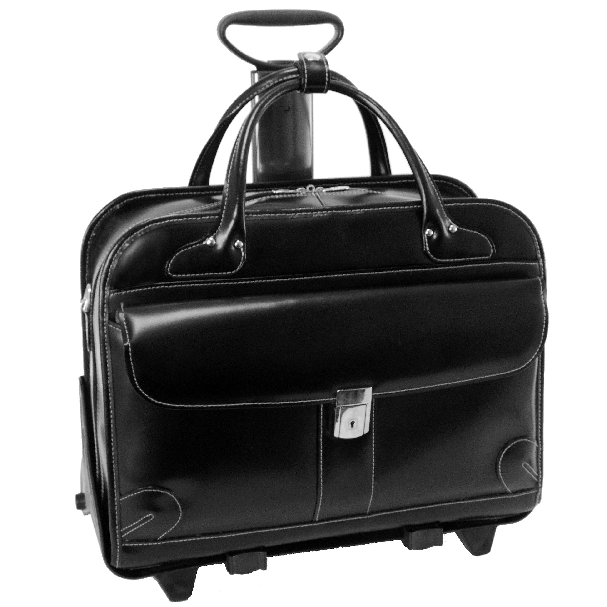 McKlein Lakewood Leather Briefcase, Laptop Compatible, Rolling, TSA Checkpoint Friendly, Black (96615)