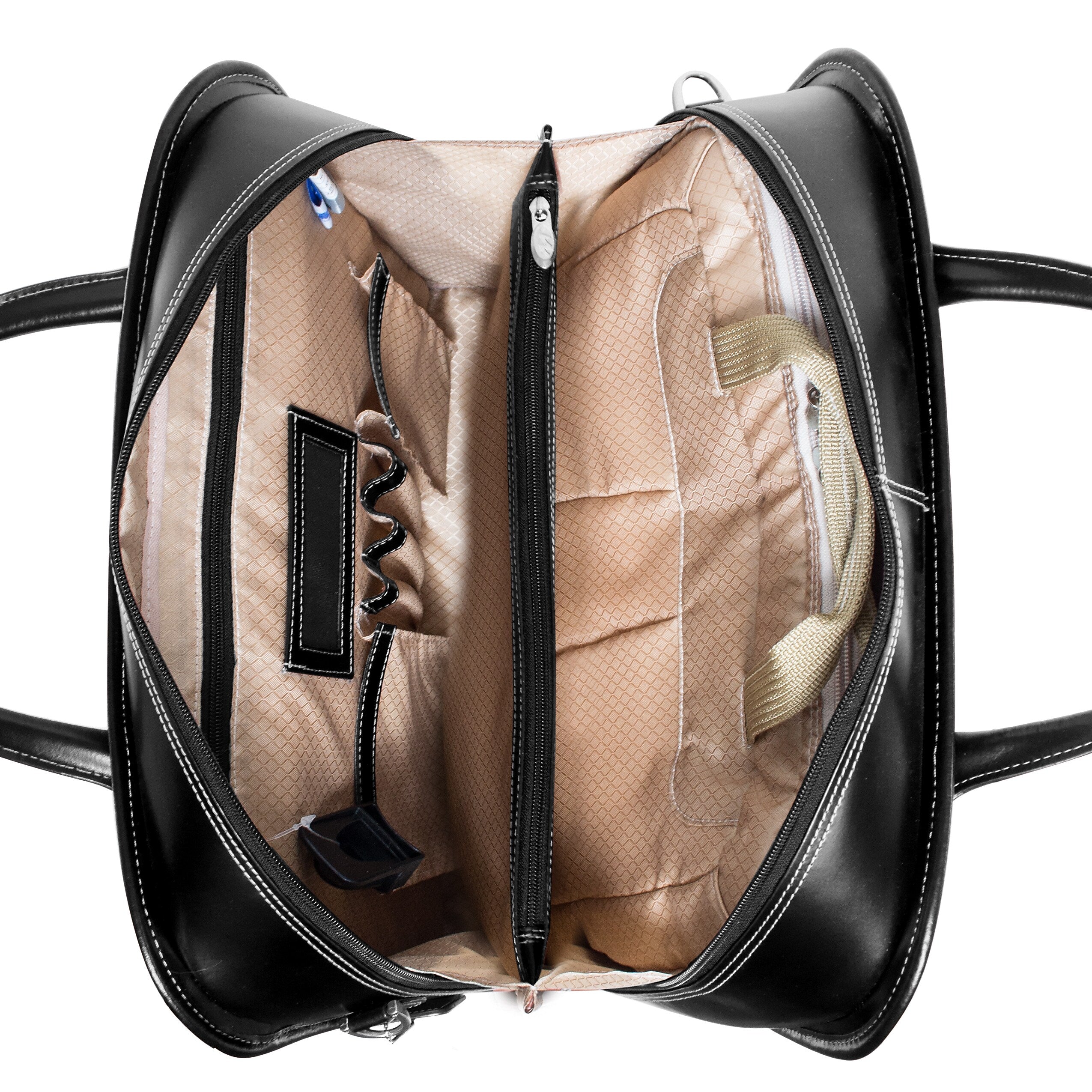 McKlein Lakewood Leather Briefcase, Laptop Compatible, Rolling, TSA Checkpoint Friendly, Black (96615)