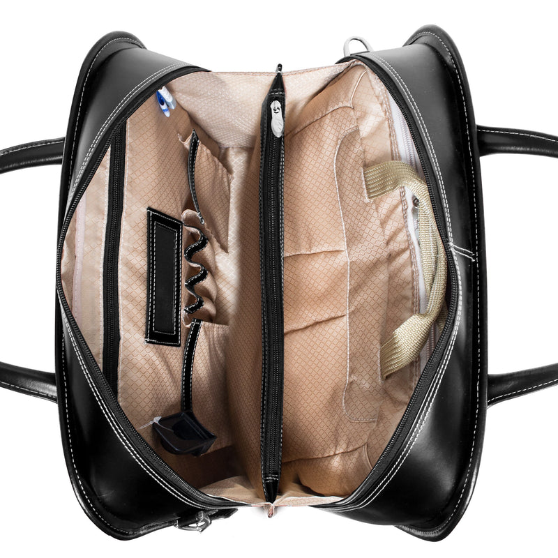 McKlein Lakewood Leather Briefcase, Laptop Compatible, Rolling, TSA Checkpoint Friendly, Black (96615)
