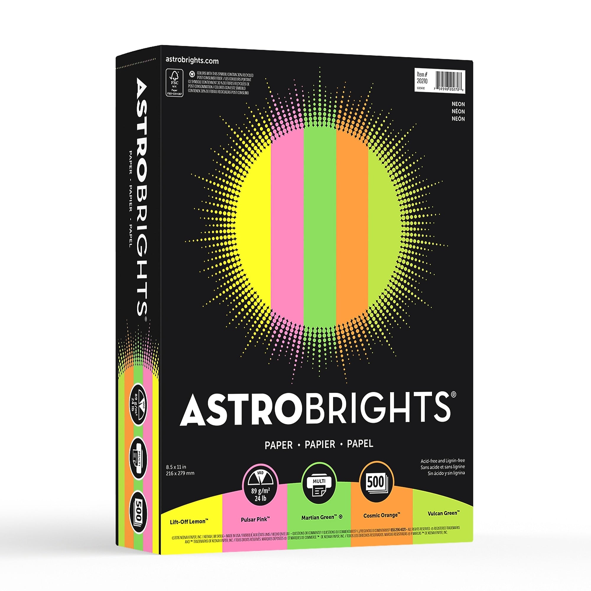 Astrobrights Color Paper, 8.5" x 11", 24 lb., Neon Assorted Colors, 500/Ream (20270)