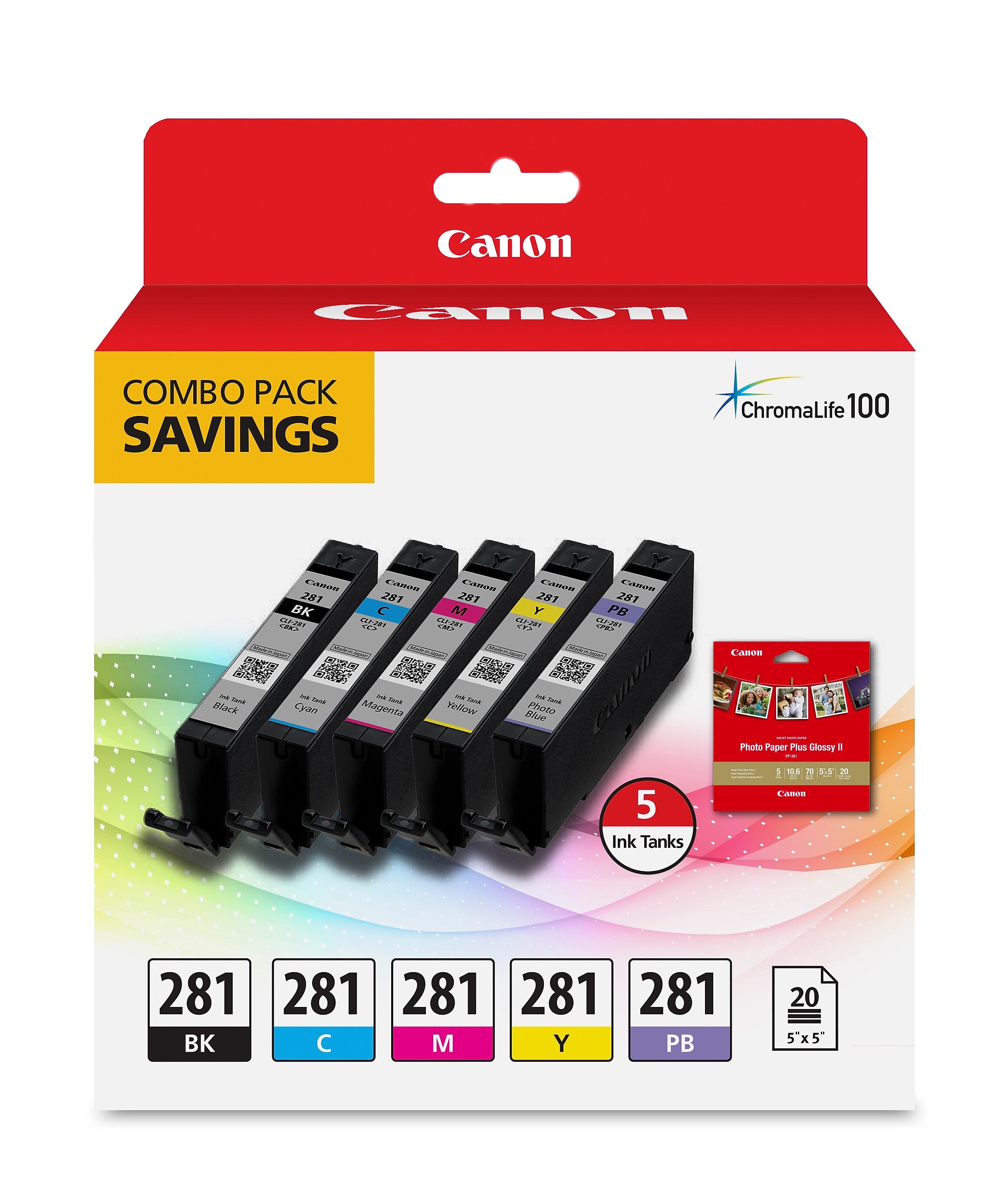 Canon 281 Black/Cyan/Magenta/Yellow/Photo Blue Standard Yield Ink Cartridge, 5/Pack (2091C006)