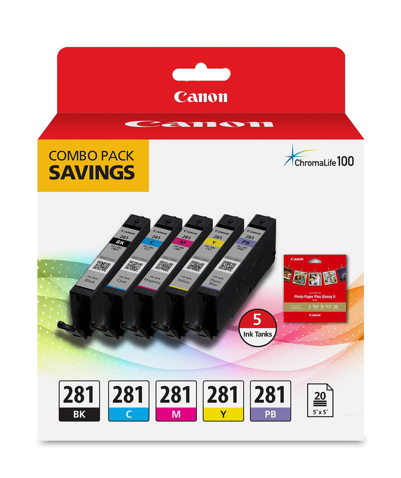 Canon 281 Black/Cyan/Magenta/Yellow/Photo Blue Standard Yield Ink Cartridge, 5/Pack (2091C006)