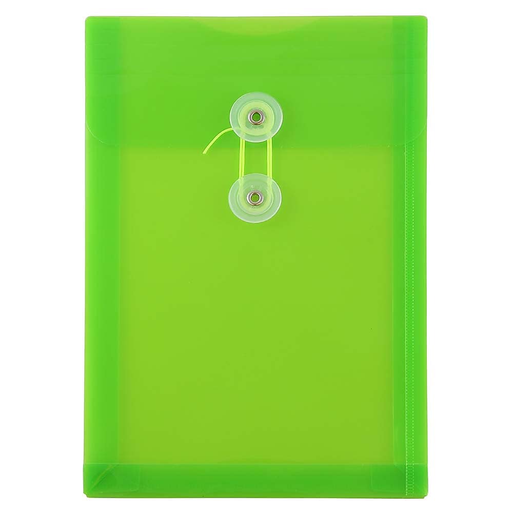 JAM Paper Plastic Filing Envelope with Button & String Closure, Lime Green, 12/Pack (472B1LI)
