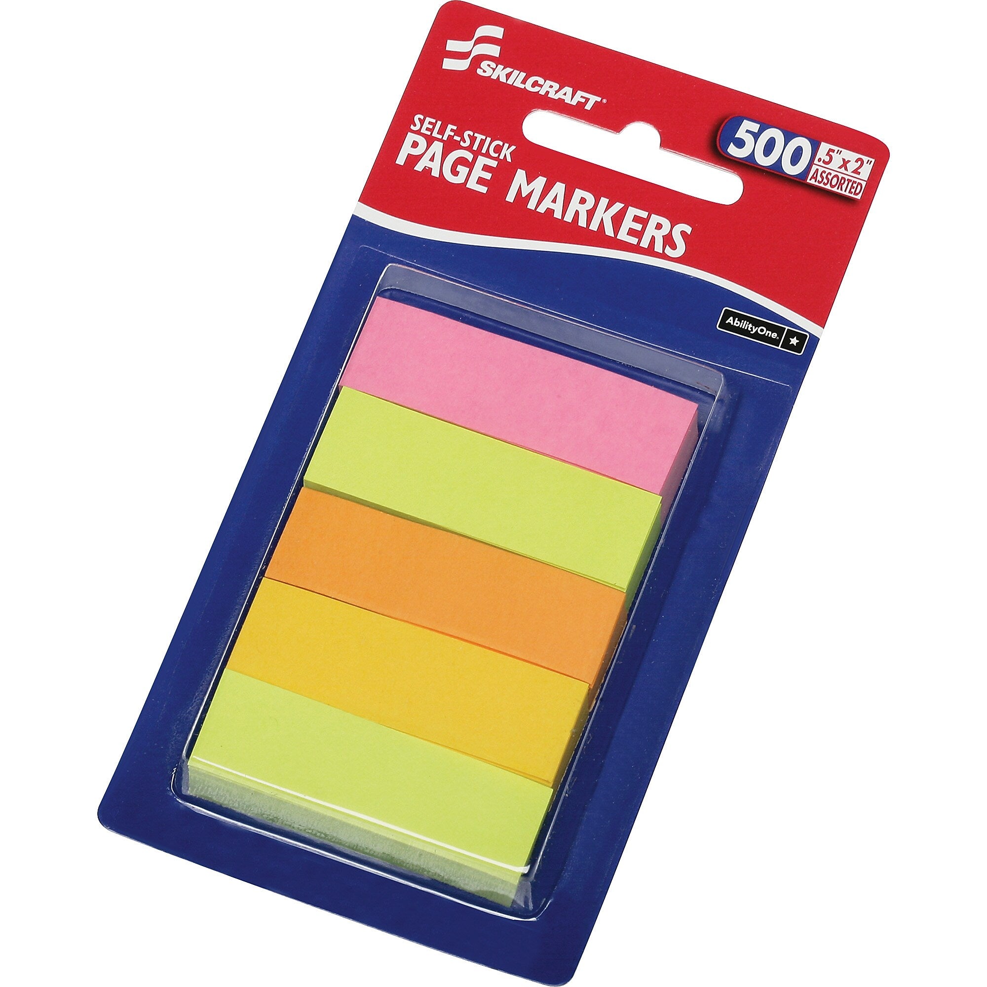 AbilityOne SKILCRAFT Self-stick Page Markers, 0.50" x 2", Assorted Neon, 500/Pack