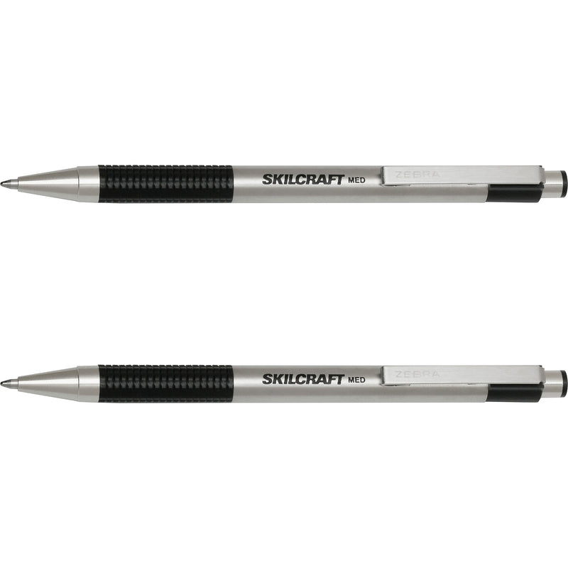 AbilityOne SKILCRAFT Retractable Ballpoint Pen, 1 mm Pen Point Size, Black, Stainless Steel Barrel, 2/Pack