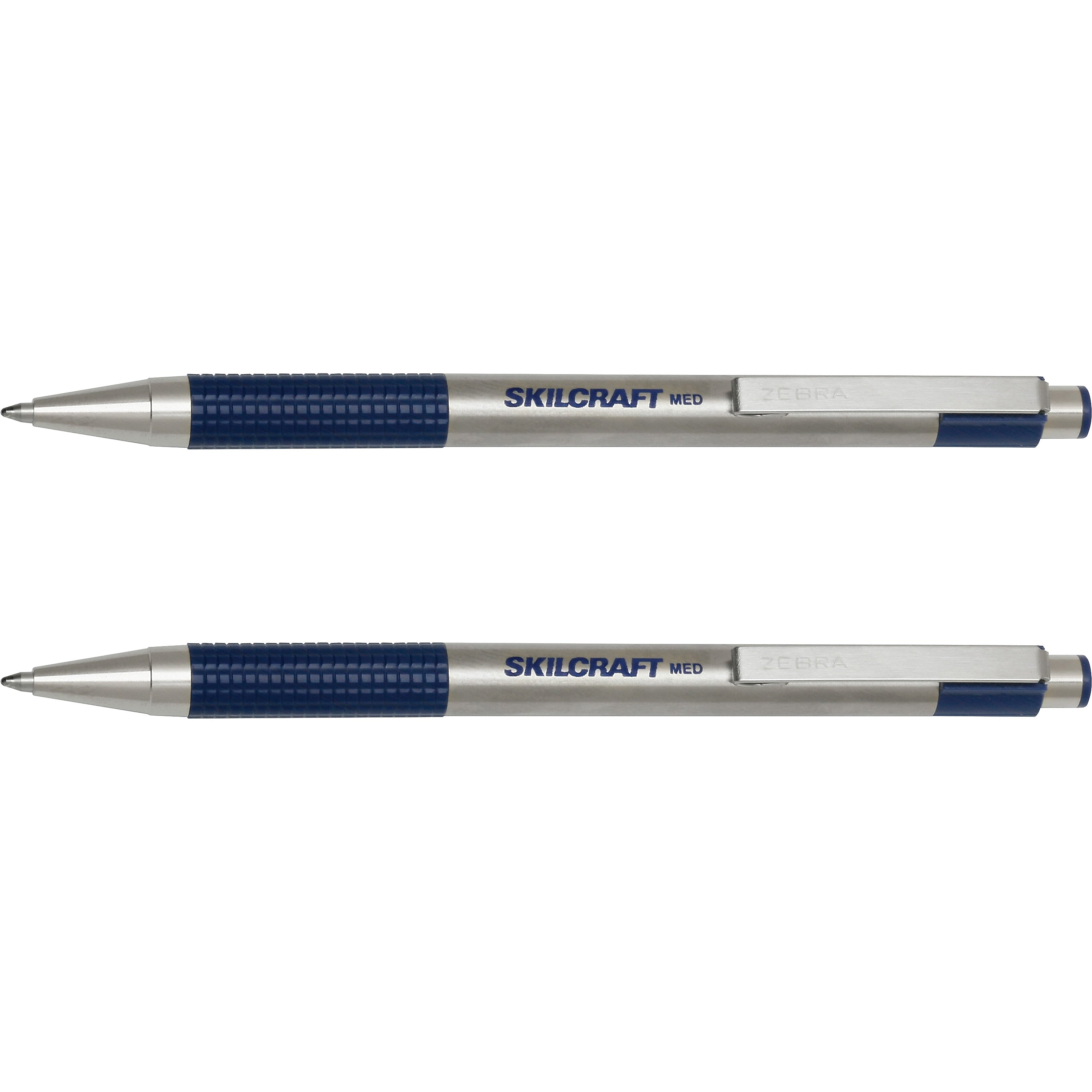 AbilityOne SKILCRAFT Retractable Ballpoint Pen, 1 mm Pen Point Size, Blue, Stainless Steel Barrel, 2/Pack