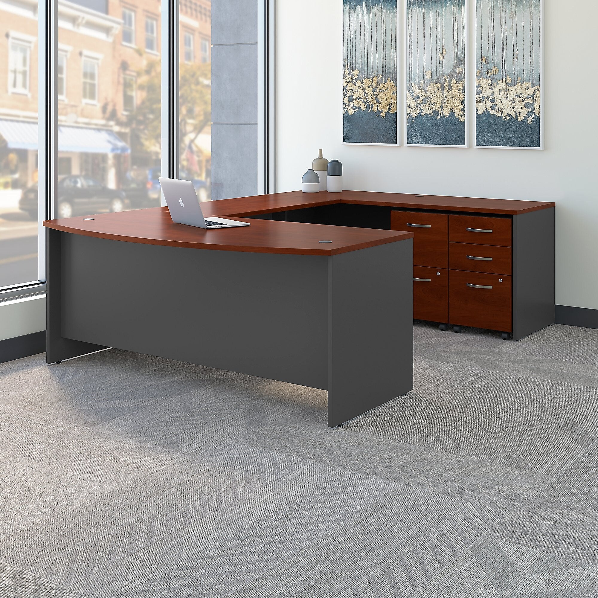 Bush Business Furniture Westfield 72W x 36D Bow Front U Shaped Desk w/ Mobile File Cabinets, Hansen Cherry (SRC043HCSU)