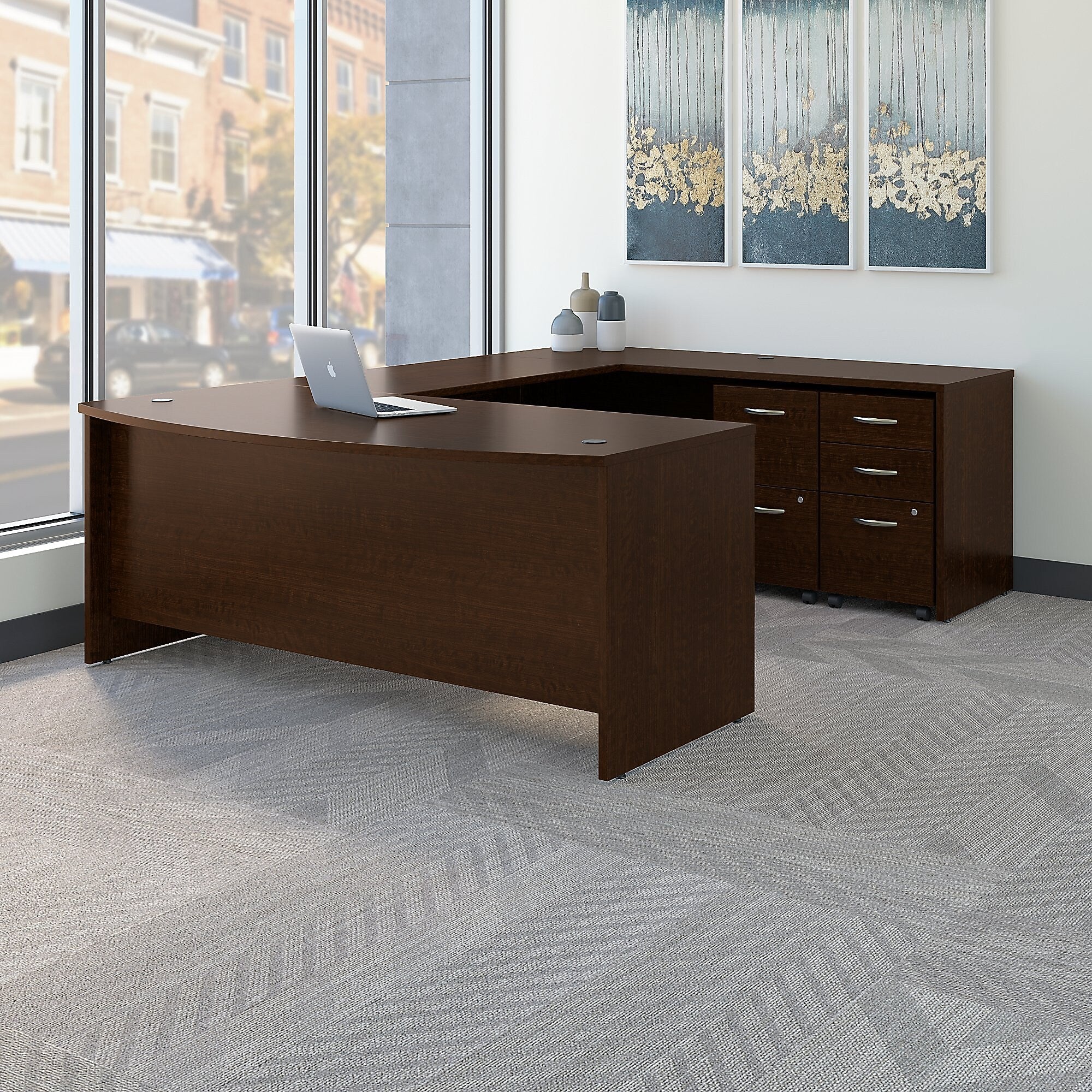 Bush Business Furniture Westfield 72W x 36D Bow Front U Shaped Desk w/ Mobile File Cabinets, Mocha Cherry (SRC043MRSU)