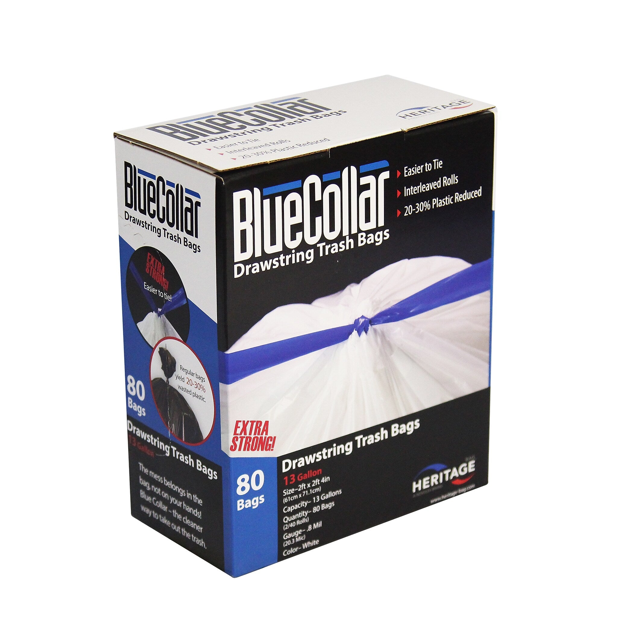 Heritage Retail Draw-Tape 10-13 Gallon Industrial Trash Bag, 24" x 28", Low Density, 0.8 Mil, White (HERN4828EWRC1)