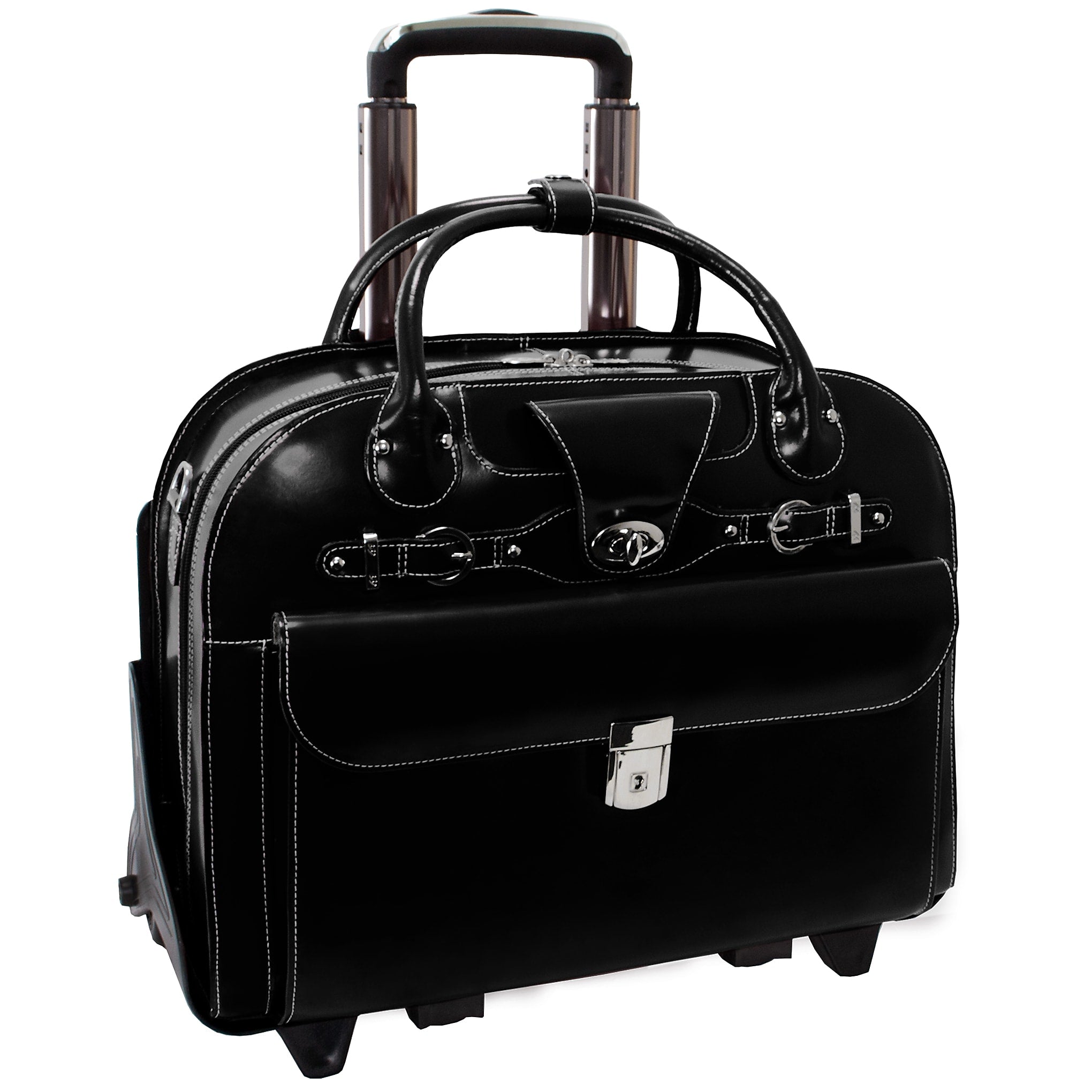 McKlein Roseville Leather Briefcase, Laptop Compatible, Rolling, TSA Checkpoint Friendly, Black (96645)