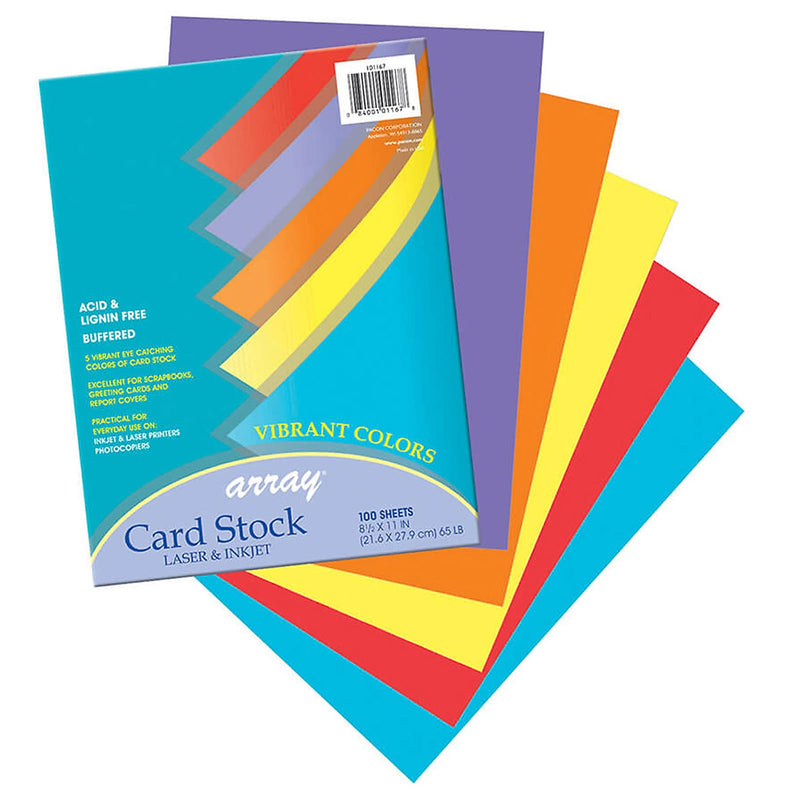 Pacon Array 65 lb. Cardstock Paper, 8.5" x 11", Assorted Colors, 100 Sheets/Pack, 2 Packs/Bundle (PAC101167)