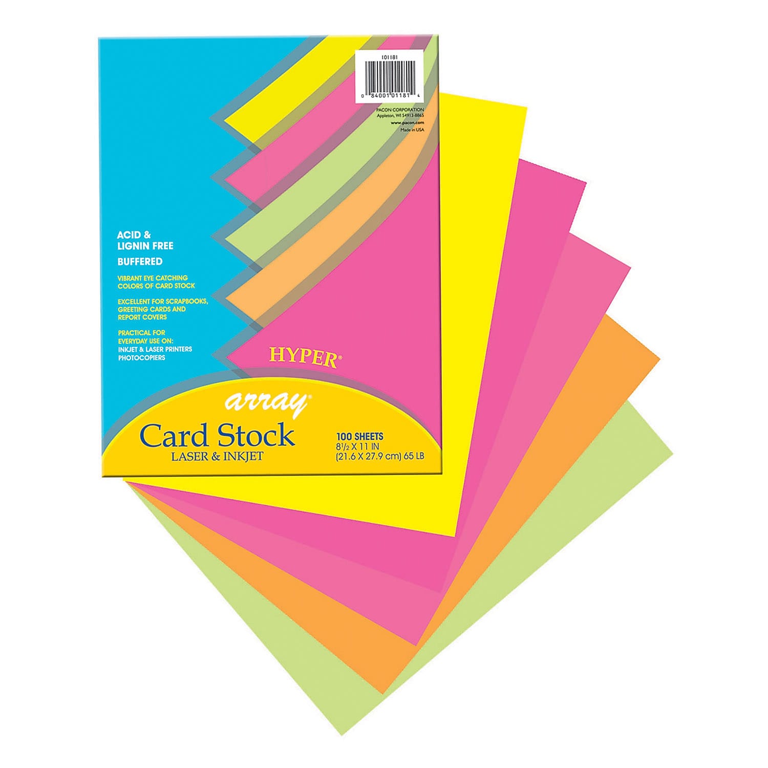 Pacon Array 65 lb. Cardstock Paper, 8.5" x 11", Assorted Hyper Colors, 100 Sheets/Pack, 2 Packs/Bundle (PAC101181)