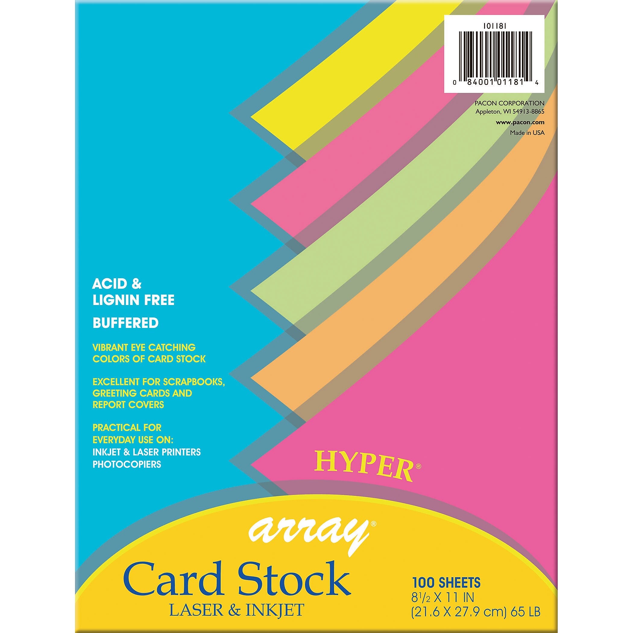 Pacon Array 65 lb. Cardstock Paper, 8.5" x 11", Assorted Hyper Colors, 100 Sheets/Pack, 2 Packs/Bundle (PAC101181)