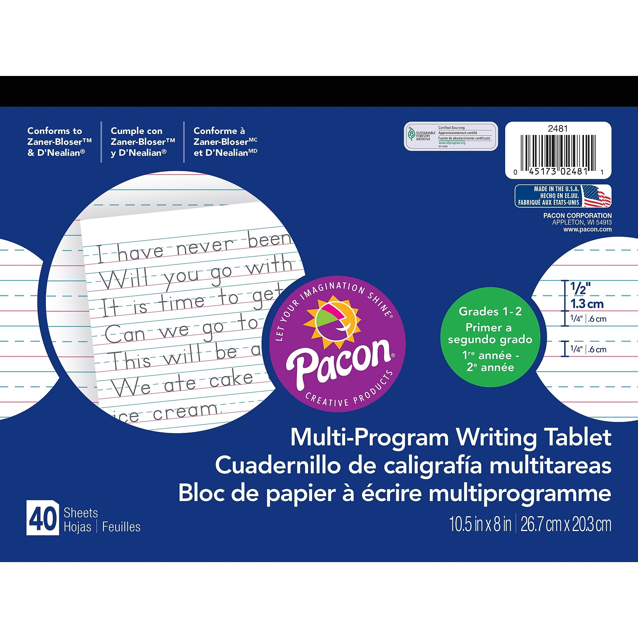 Pacon Zaner-Bloser D'Nealian™ Multi-Program Handwriting Tablet Paper, Grades 1st-2nd, 10-1/2" x 8"