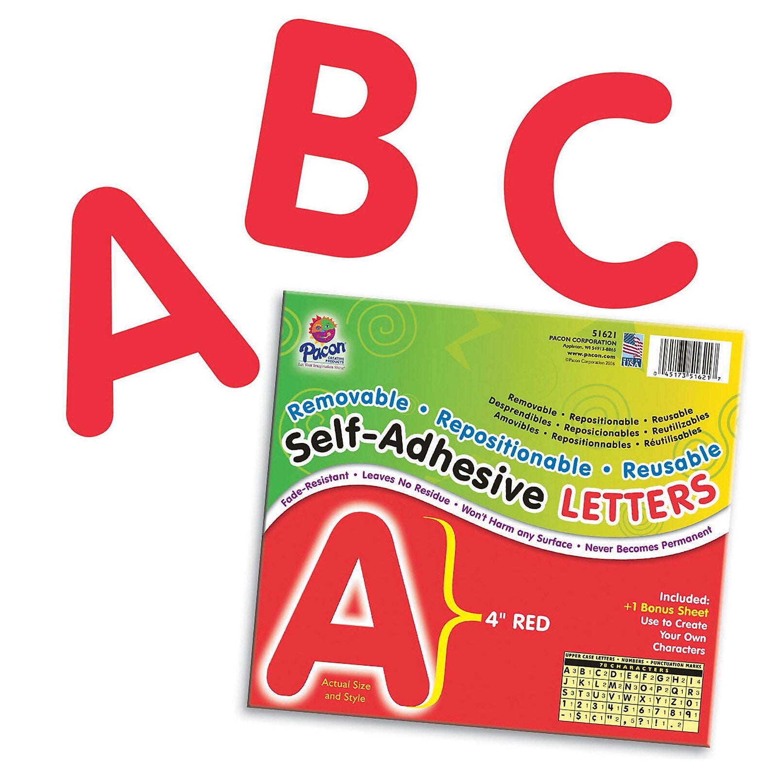 Self-Adhesive Letters, 4", 78 Characters, Red