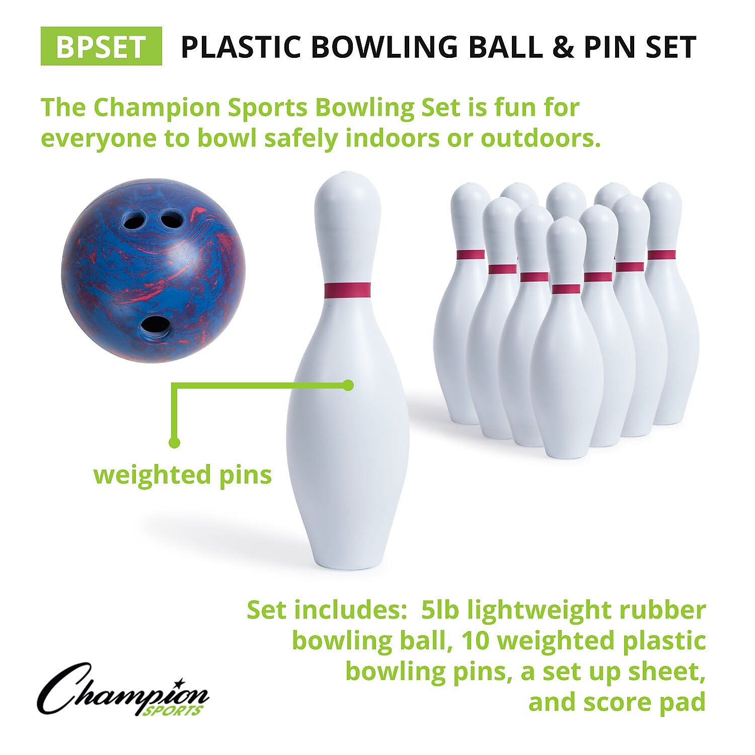 Champion Sports Plastic Bowling Pin Set, White/Multicolor (CHSBPSET)