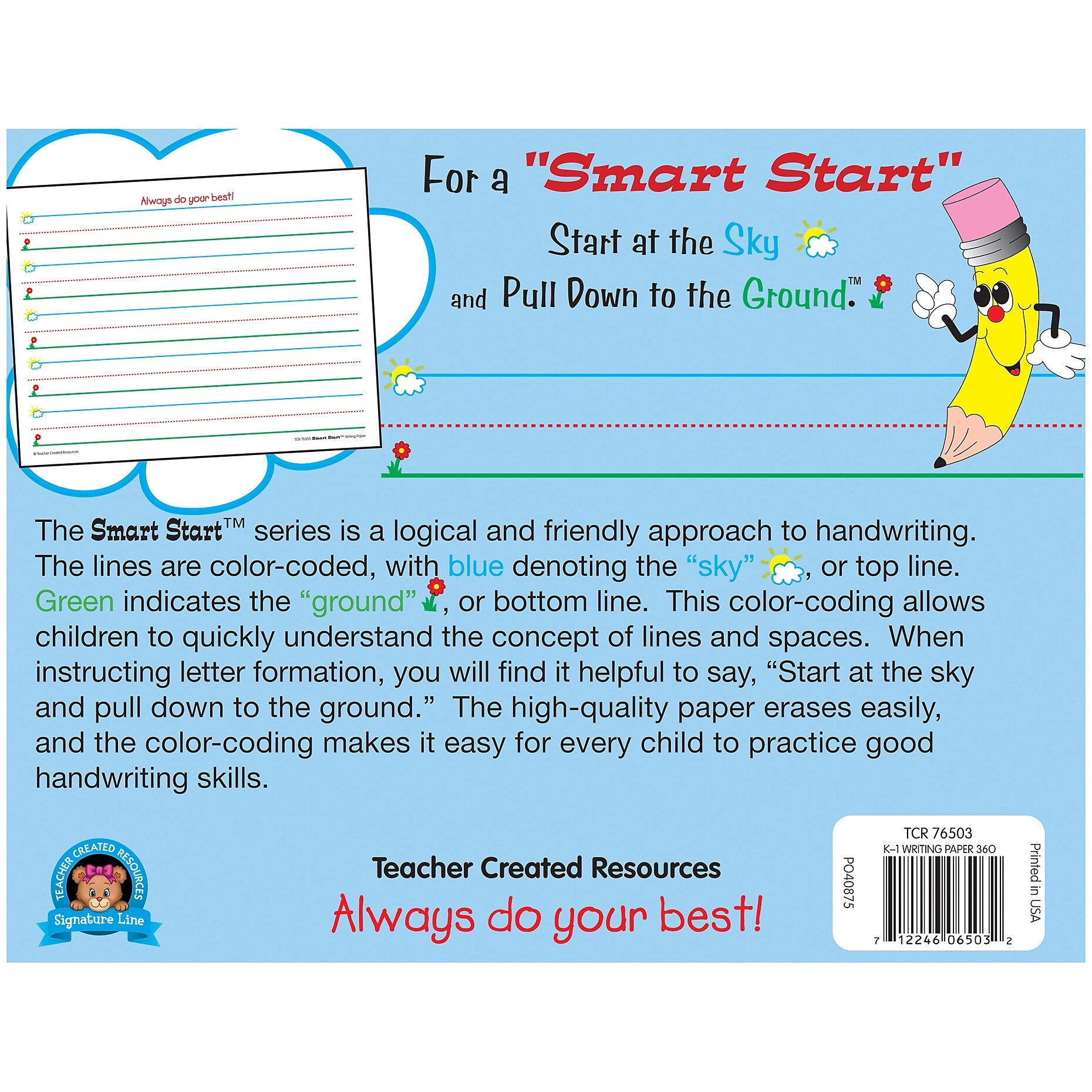 Teacher Created Resources Smart Start Handwriting Practice Paper, 11" x 8.5", White, 360 Sheets (TCR76503)