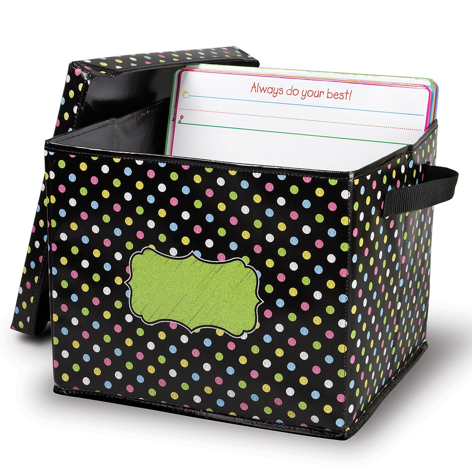 Teacher Created Resources Chalkboard Brights 12"H x 13"W Non-Woven PVC Bin, Black with Multicolor Dots (TCR20766)