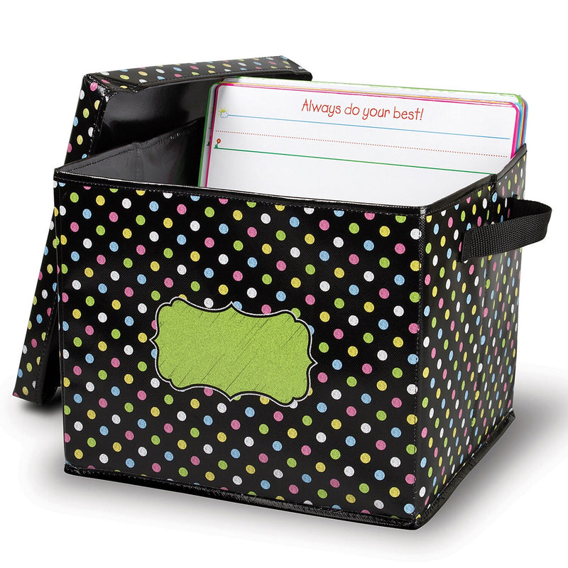 Teacher Created Resources Chalkboard Brights 12"H x 13"W Non-Woven PVC Bin, Black with Multicolor Dots (TCR20766)