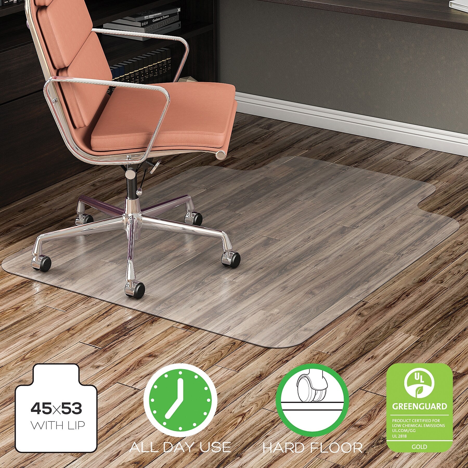 Deflect-O EconoMat Hard Floor Chair Mat with Lip, 45" x 53'', Clear (CM21232)