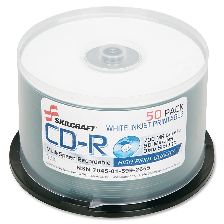 AbilityOne SKILCRAFT CD Recordable Media, CD-R, 52x, 700 MB, 50 Pack Spindle, 120mm, Printable, 1.33 Hour Maximum Recording Time
