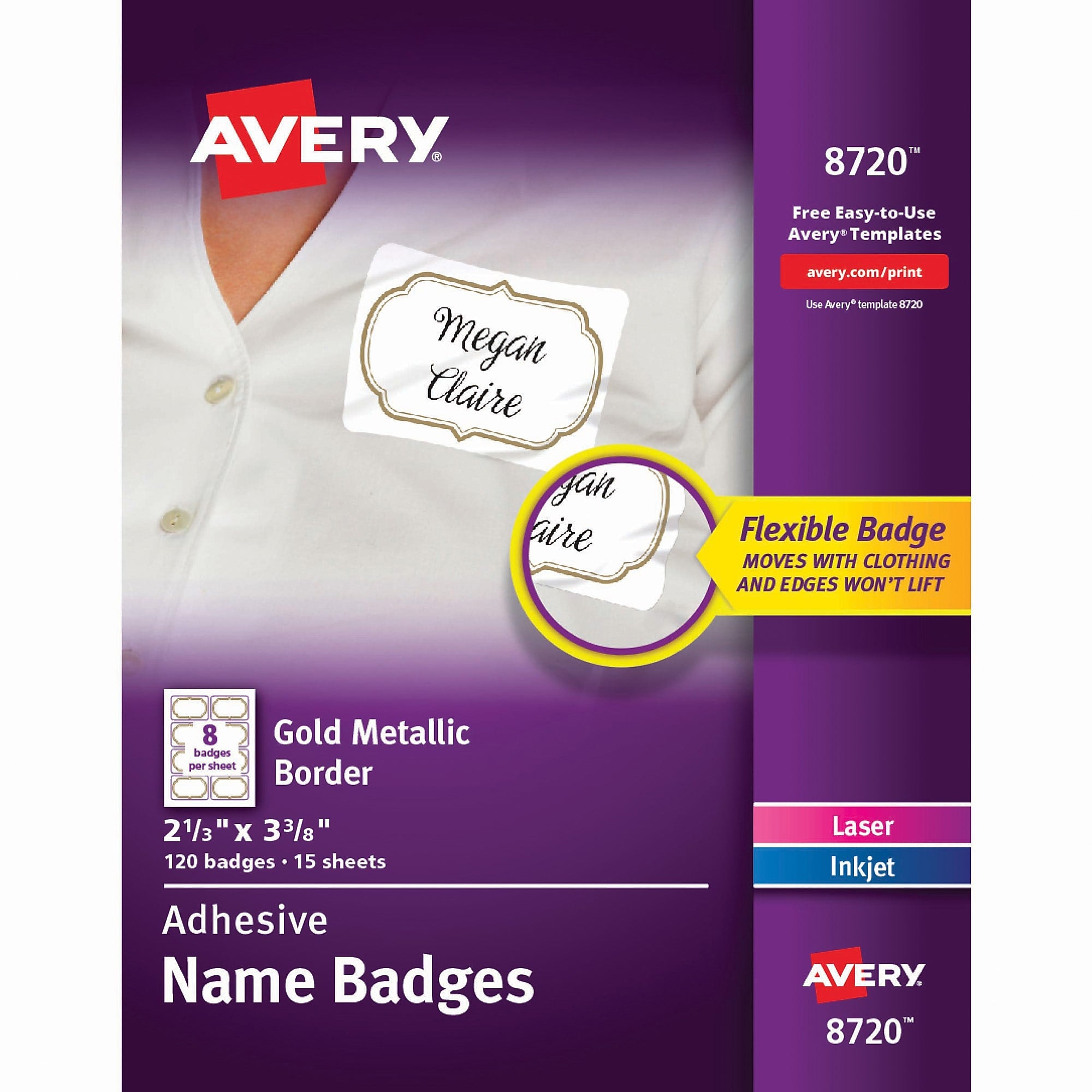 Avery Metallic Border Adhesive Name Badges, 120/Pack, 2.33" W x 3.38" H, Rectangular Shape, White