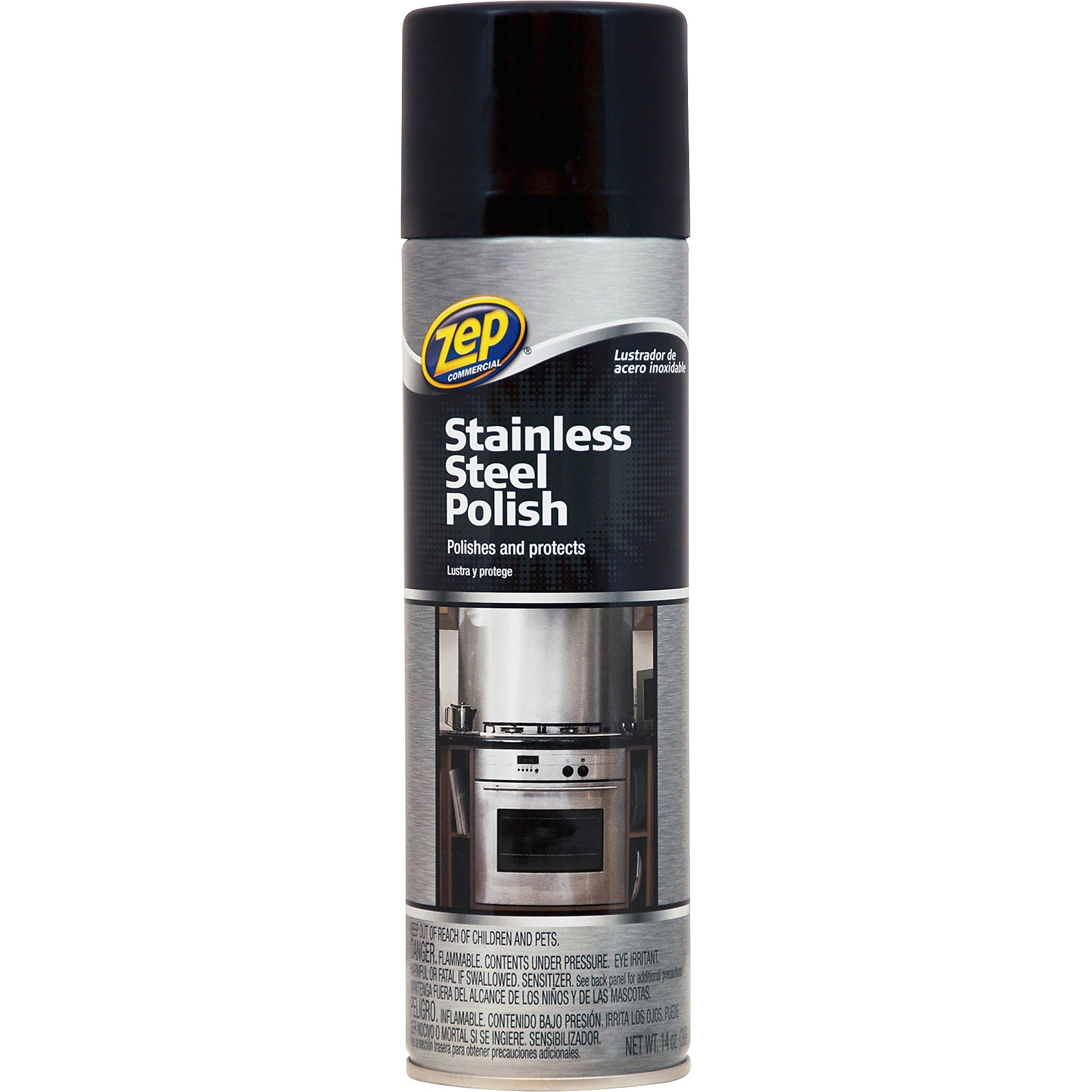 Zep Commercial Stainless Steel Polish, Spray, 0.11 gal (14 fl oz), 12/Carton, Chrome, Black