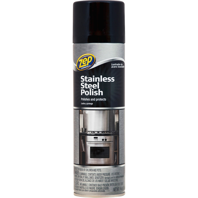 Zep Commercial Stainless Steel Polish, Spray, 0.11 gal (14 fl oz), 12/Carton, Chrome, Black