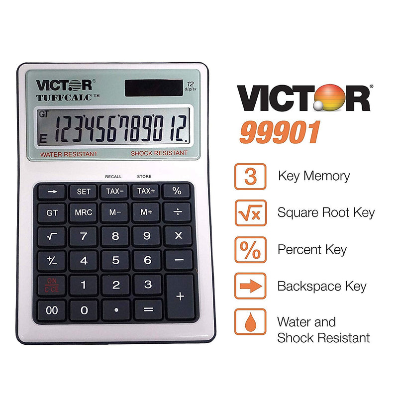 Victor TuffCalc 12-Digit Battery & Solar Desktop Calculator, White and Black (99901)