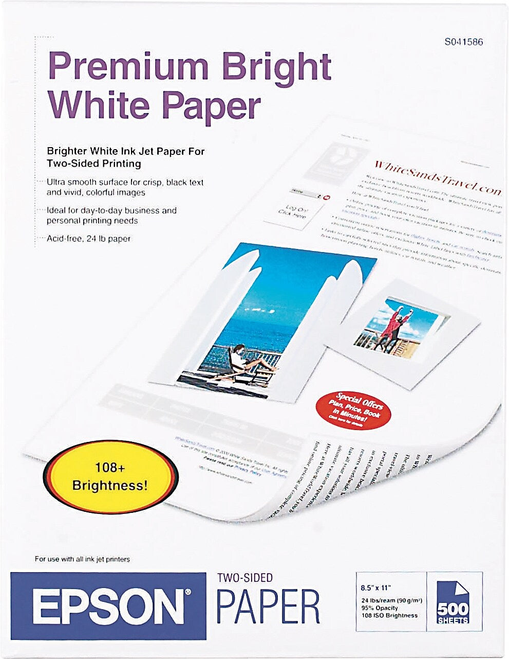 Epson Premium 8.5" x 11" Printer Paper, 24 lbs., 96 Brightness, White, 500 Sheets/Ream (S041586)